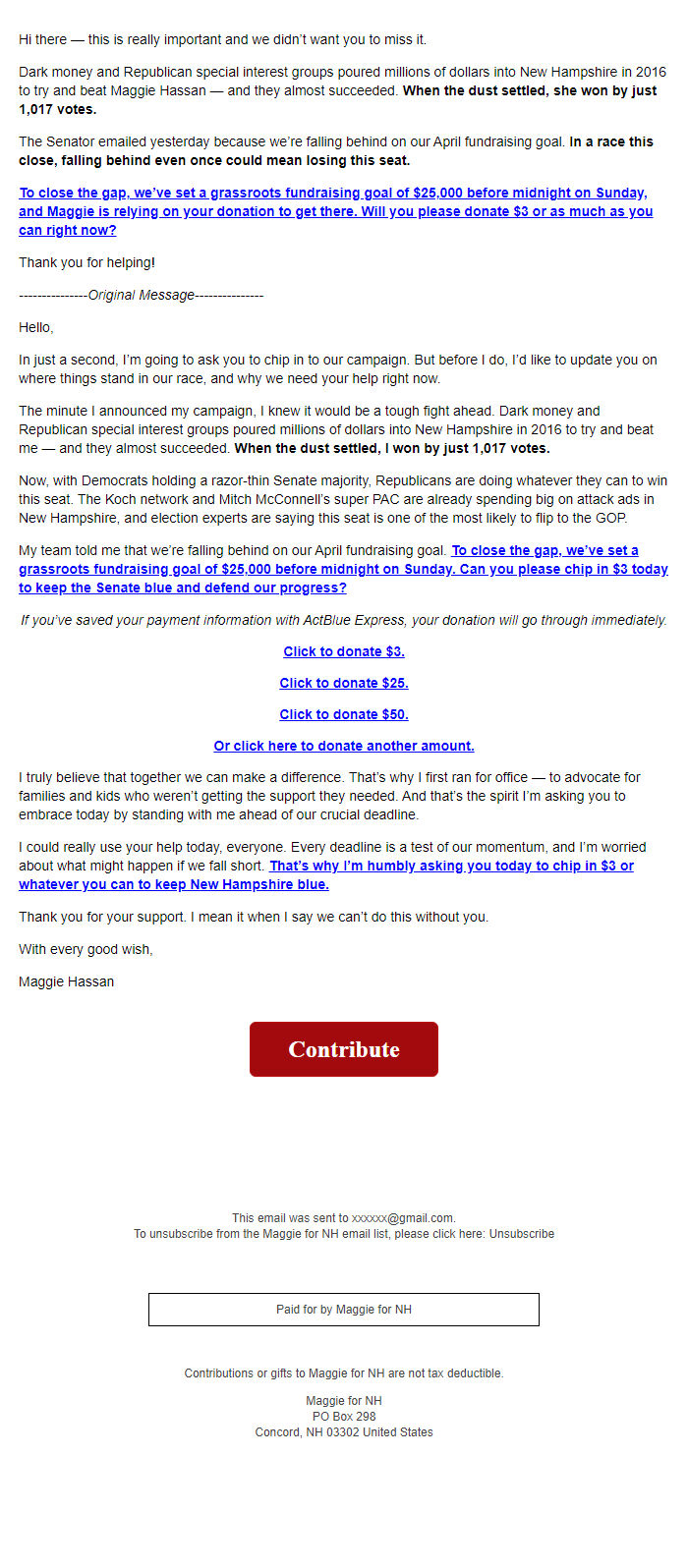 Screenshot of the email generated on import
