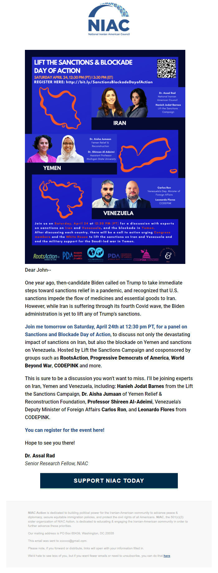 Screenshot of the email generated on import