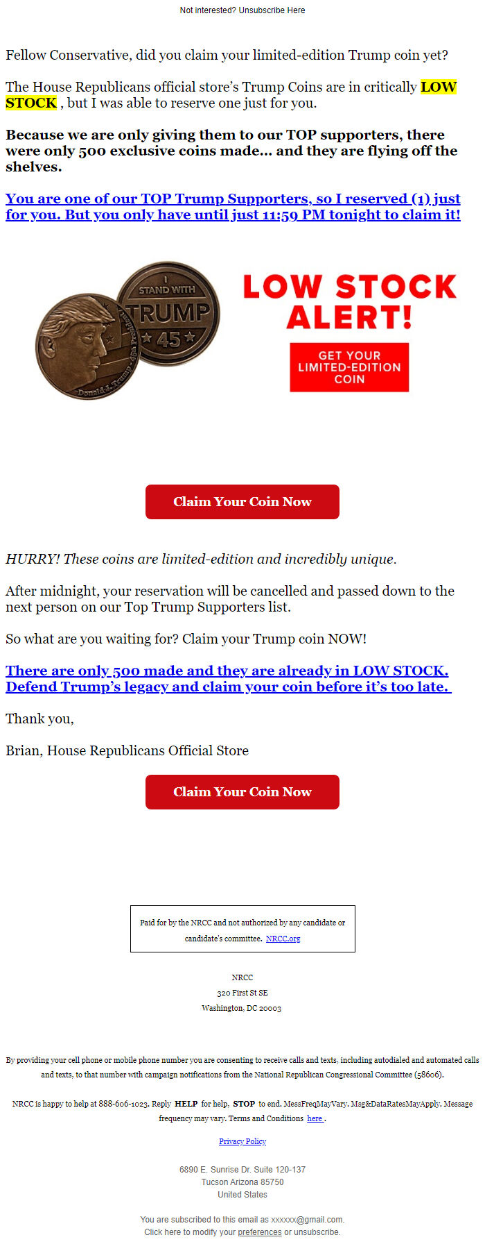 Screenshot of the email generated on import