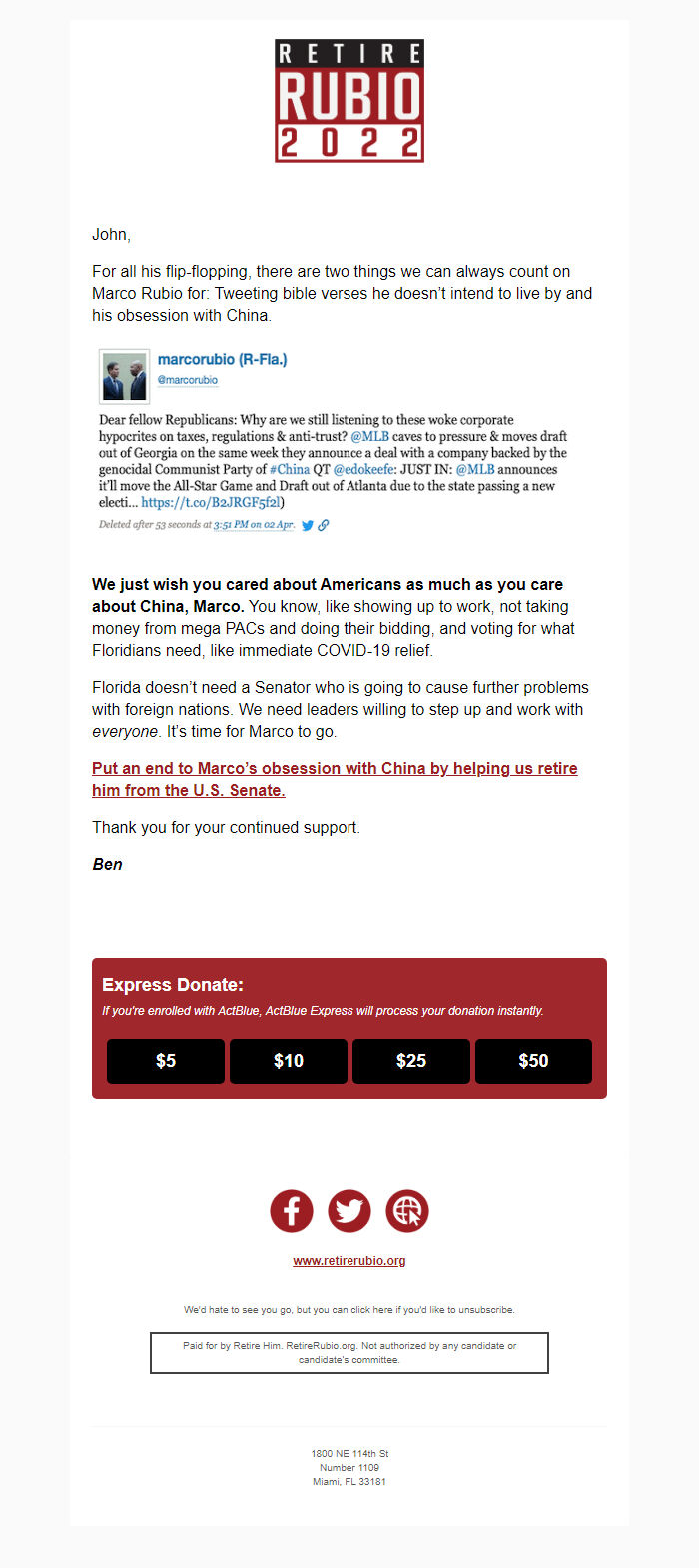 Screenshot of the email generated on import