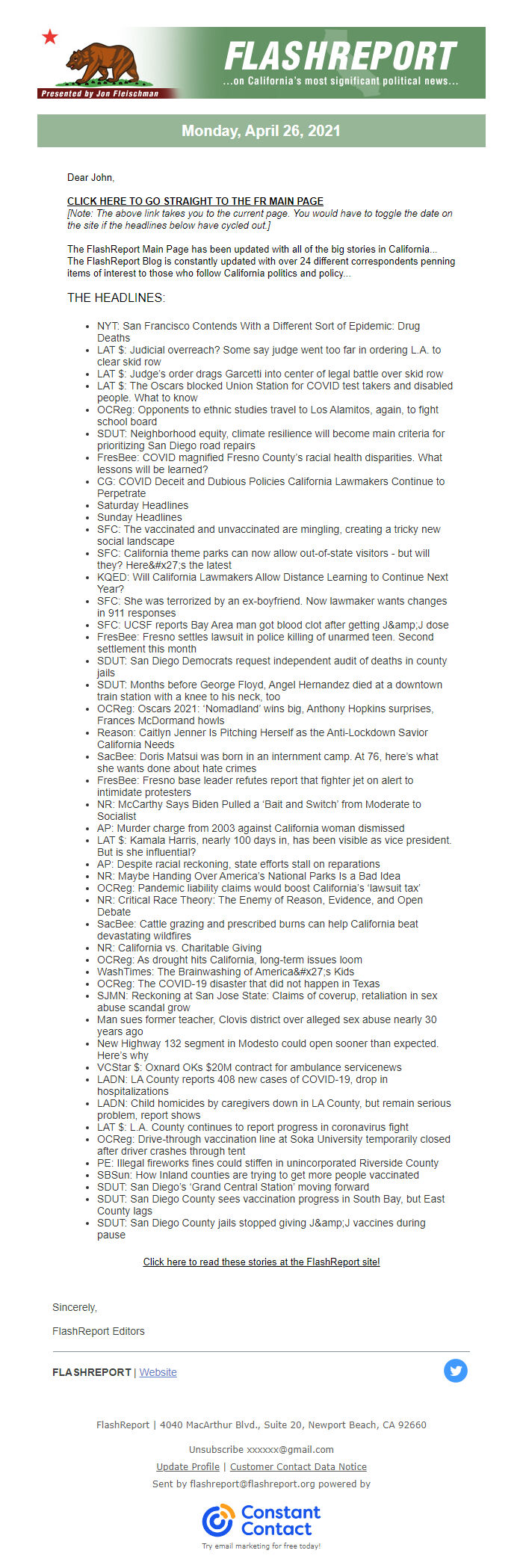 Screenshot of the email generated on import