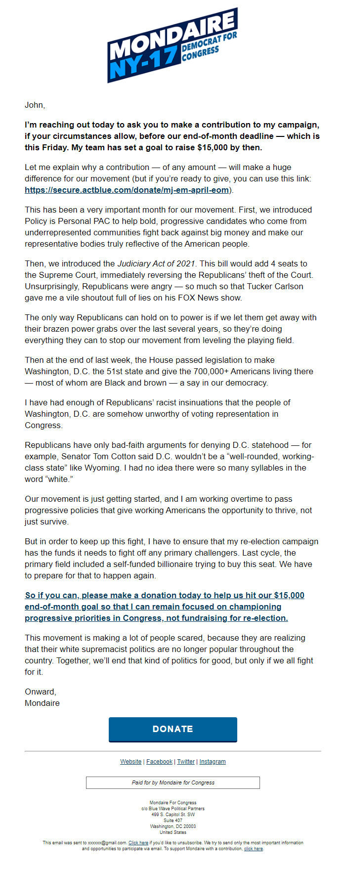 Screenshot of the email generated on import