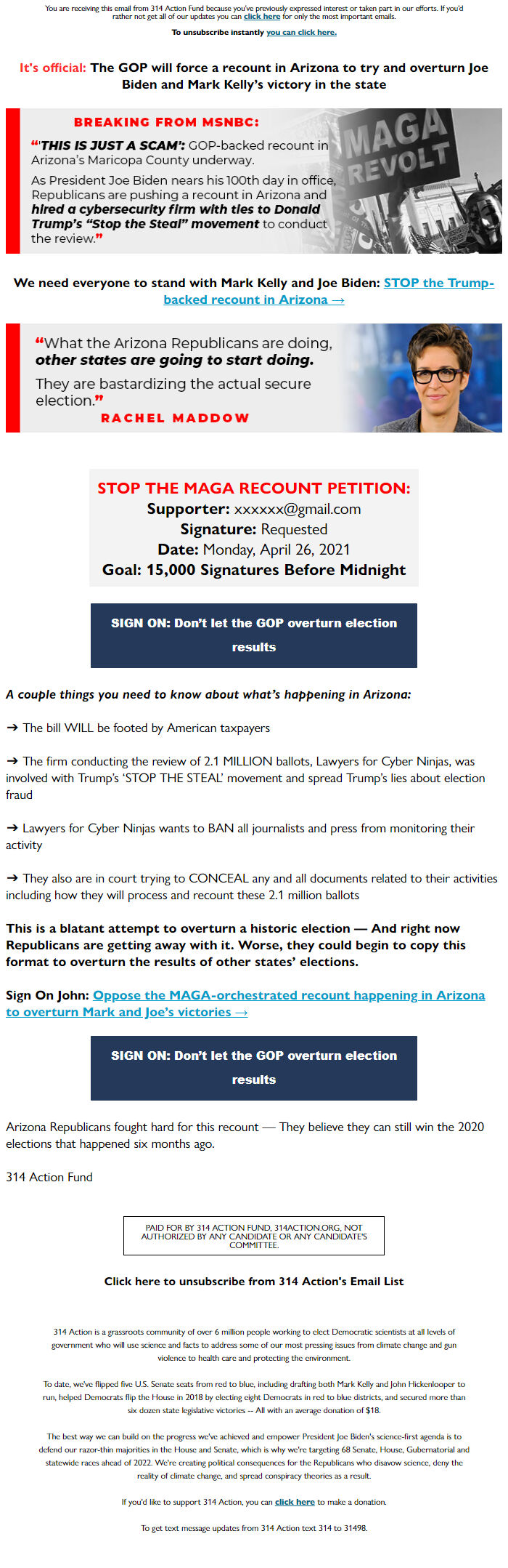 Screenshot of the email generated on import