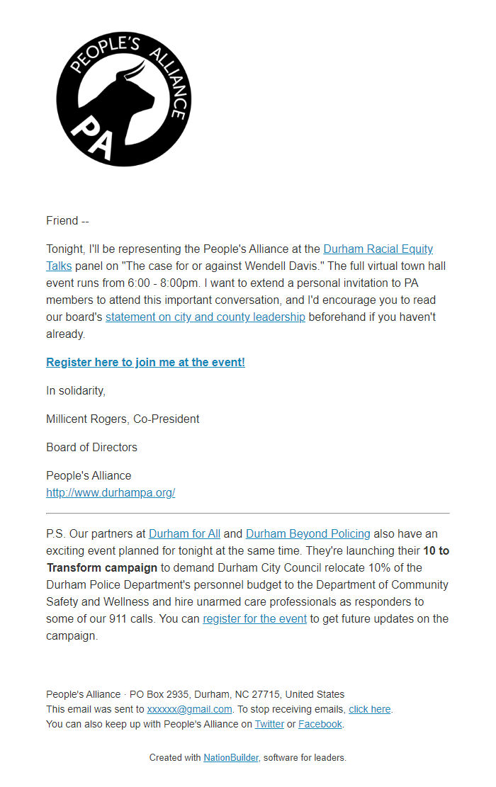 Screenshot of the email generated on import