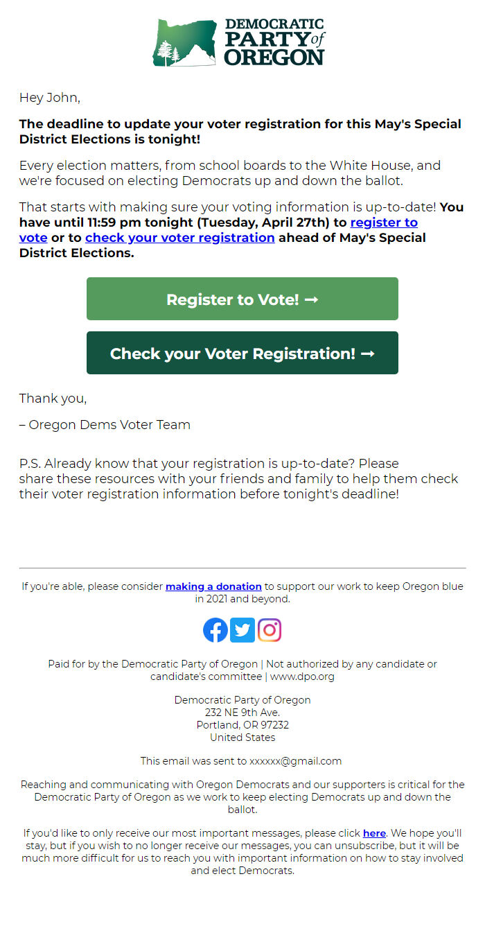 Screenshot of the email generated on import