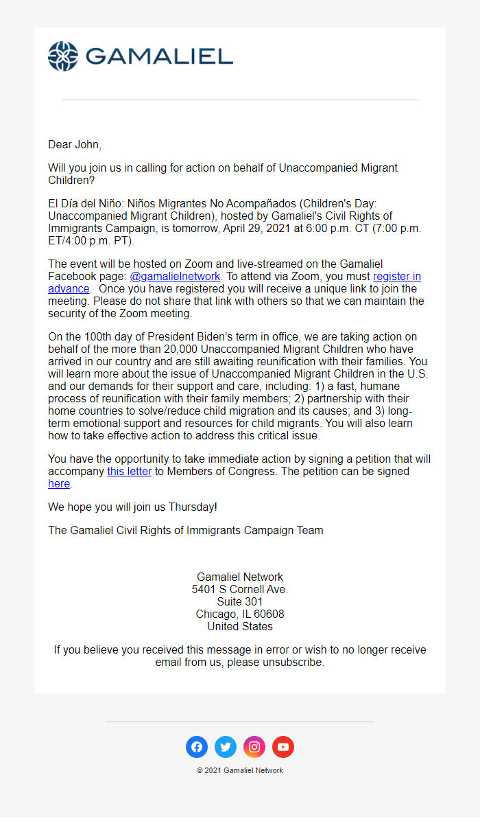 Screenshot of the email generated on import