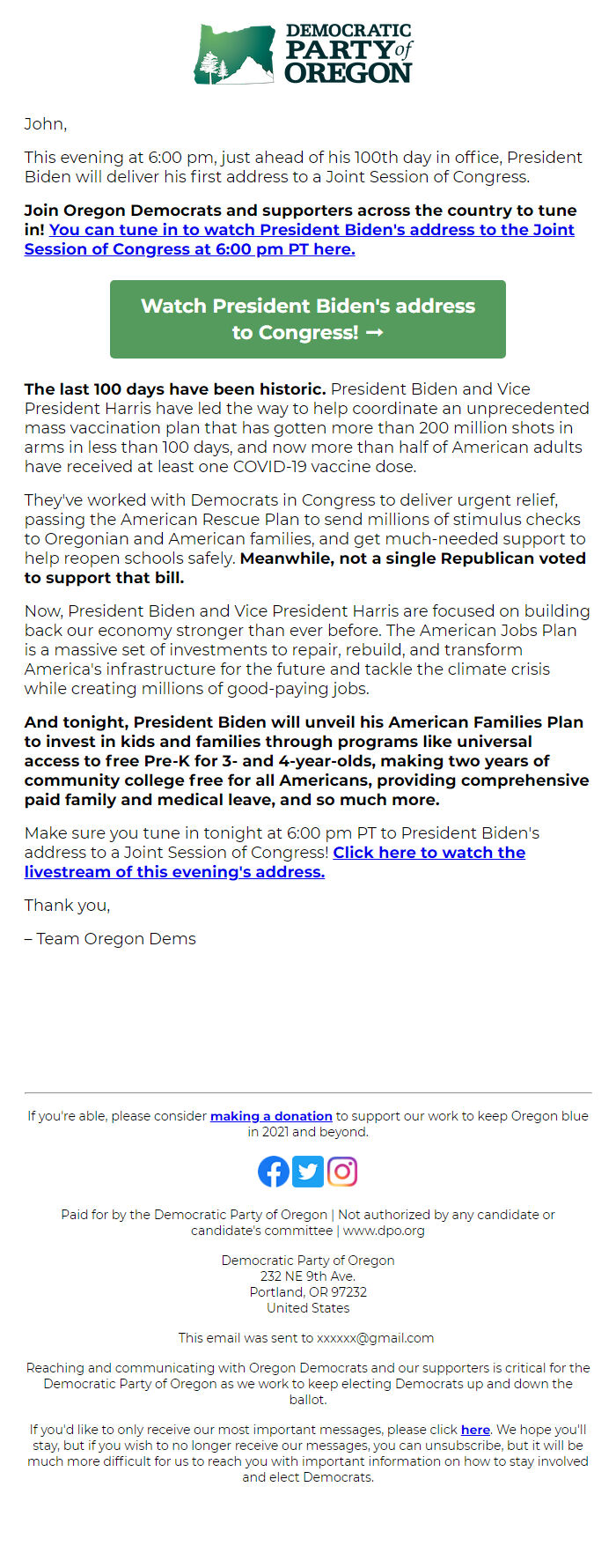 Screenshot of the email generated on import