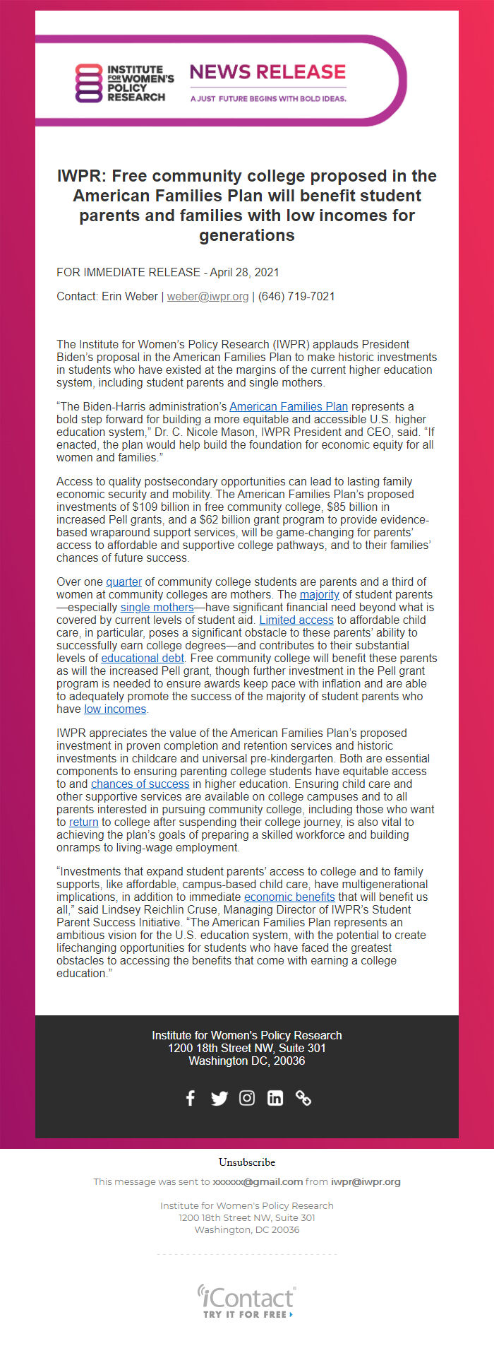 Screenshot of the email generated on import