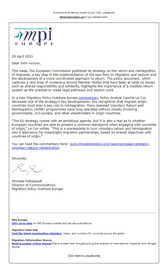 Screenshot of the email generated on import