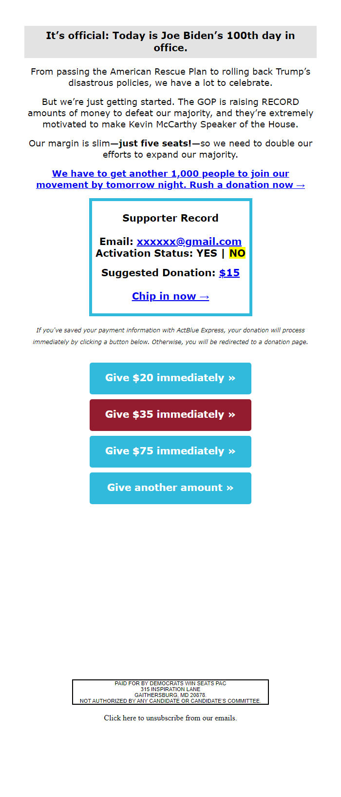 Screenshot of the email generated on import