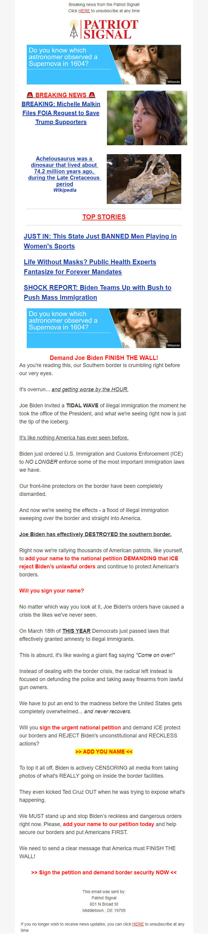 Screenshot of the email generated on import