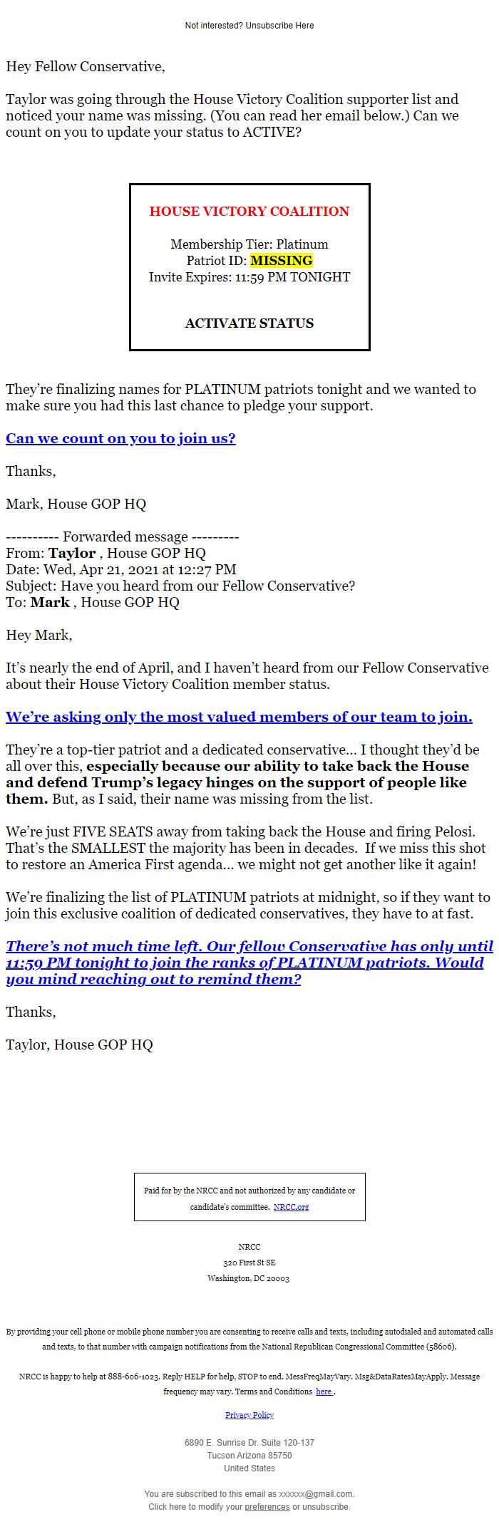 Screenshot of the email generated on import