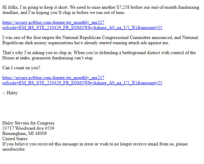 Screenshot of the email generated on import