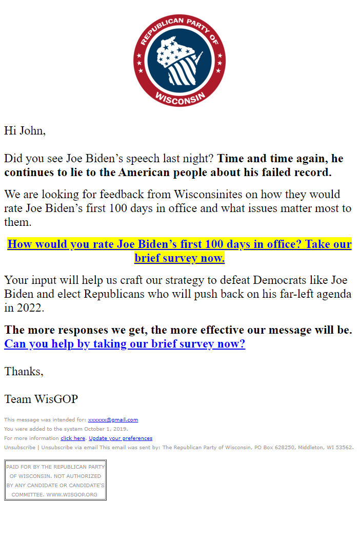 Screenshot of the email generated on import