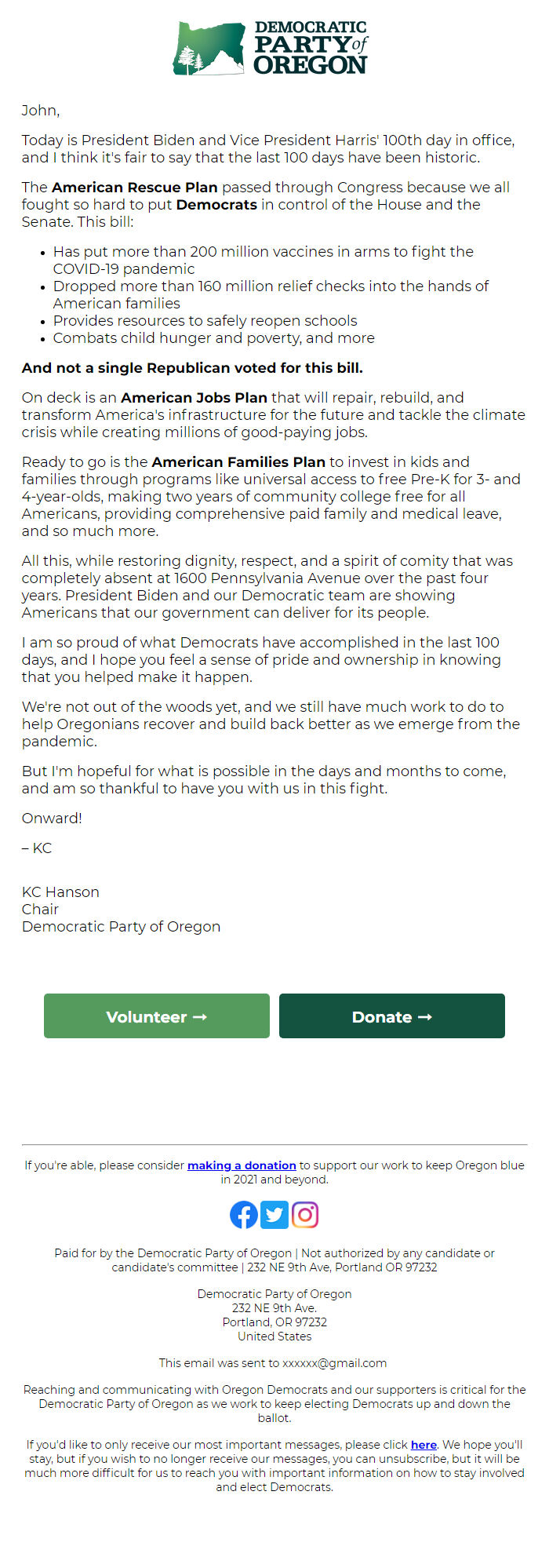 Screenshot of the email generated on import