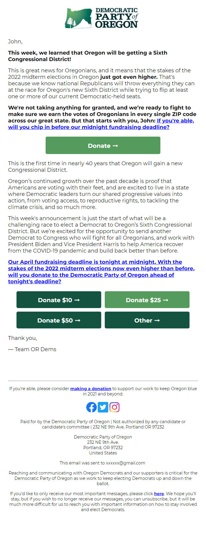 Screenshot of the email generated on import