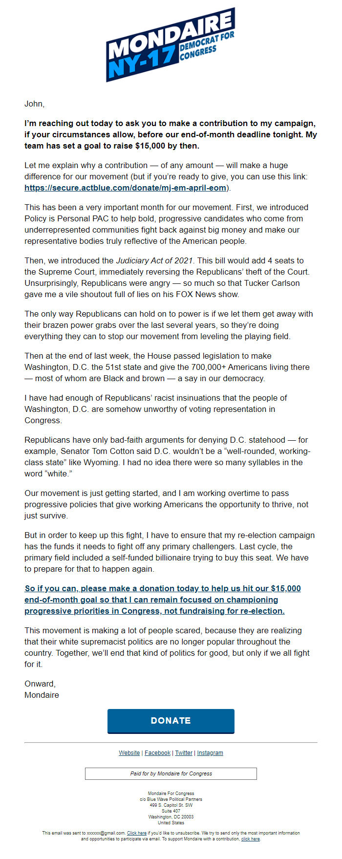 Screenshot of the email generated on import