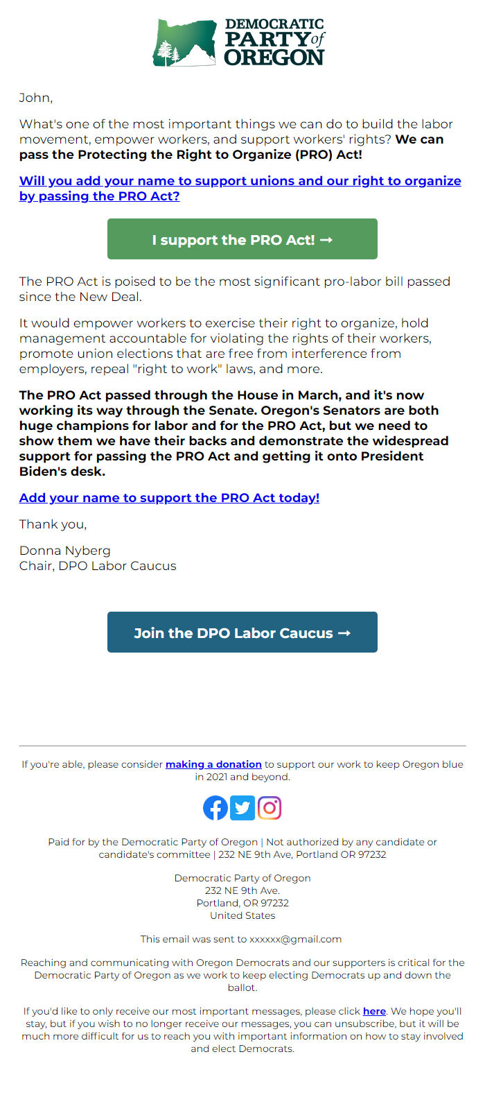 Screenshot of the email generated on import