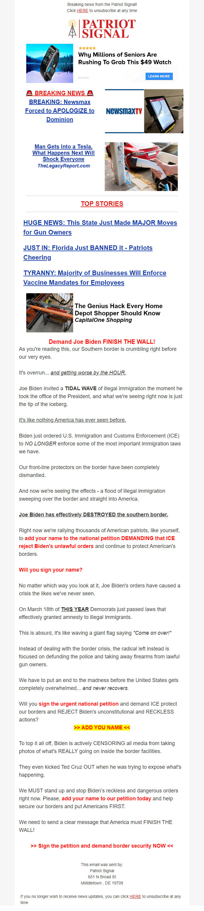 Screenshot of the email generated on import