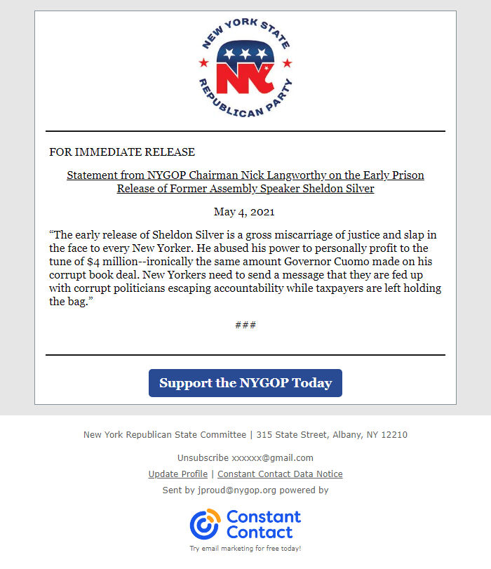 Screenshot of the email generated on import