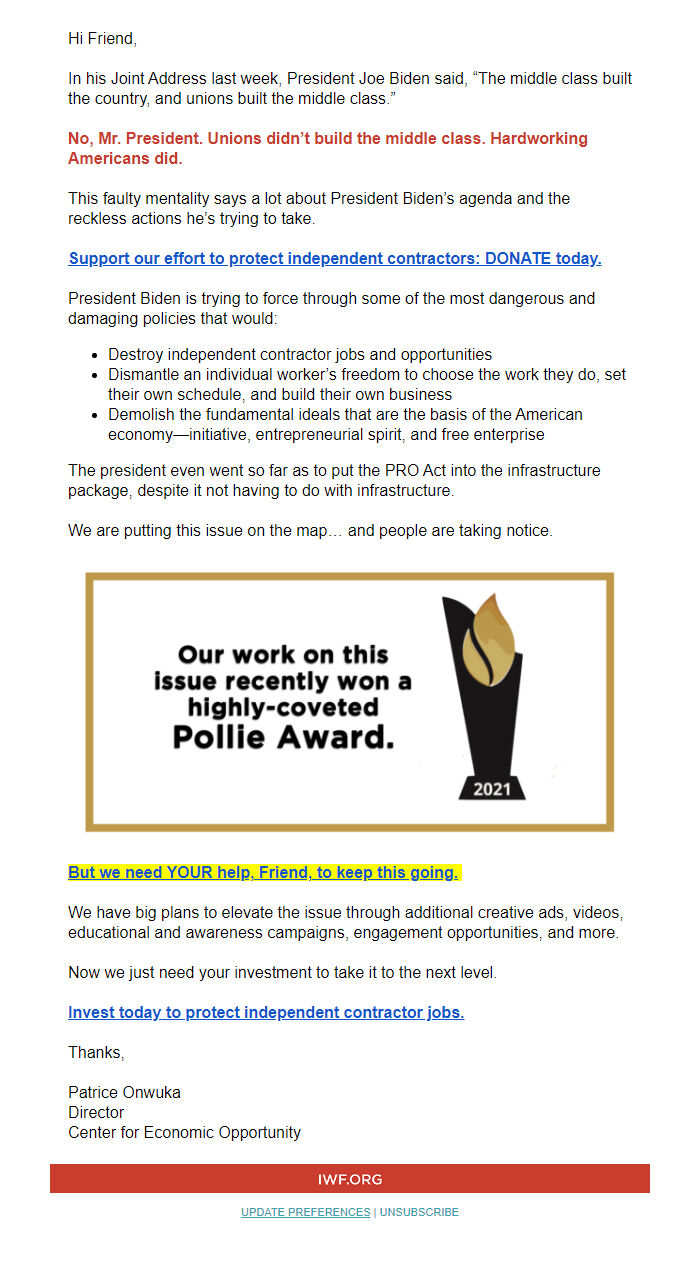 Screenshot of the email generated on import