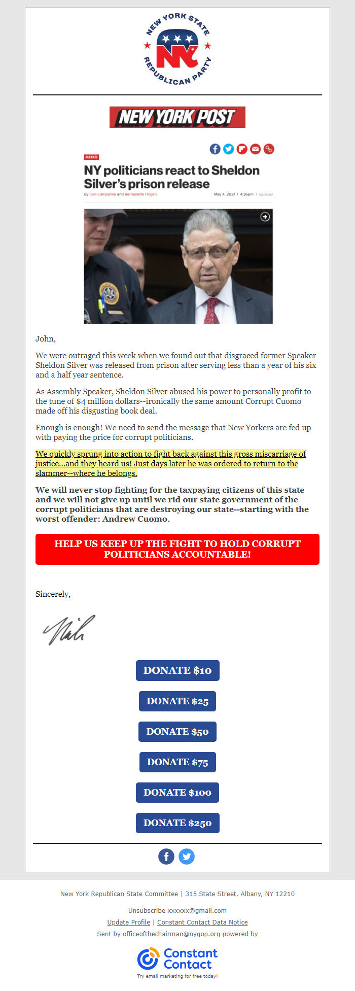 Screenshot of the email generated on import