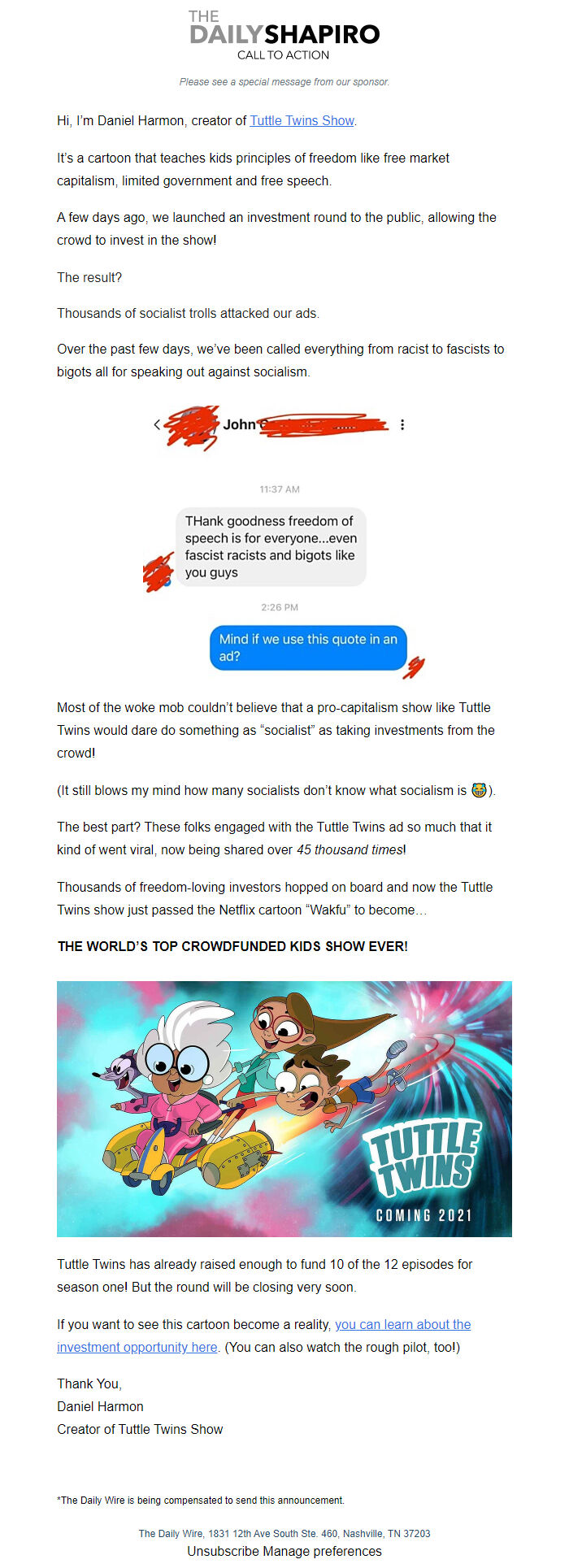 Screenshot of the email generated on import