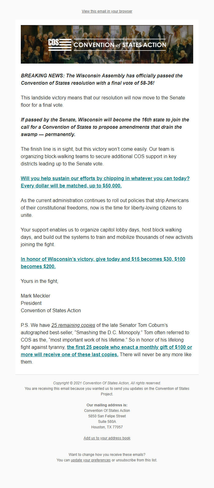 Screenshot of the email generated on import