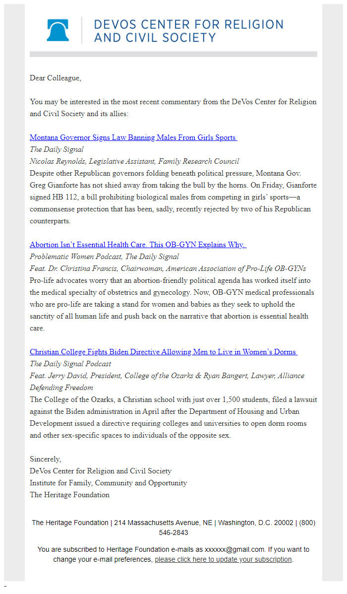 Screenshot of the email generated on import
