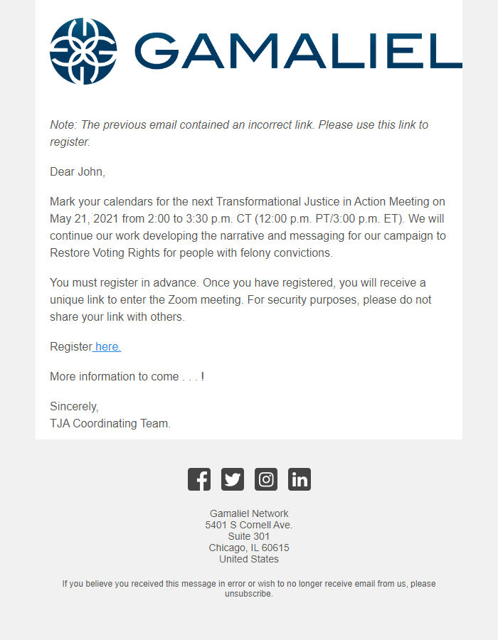 Screenshot of the email generated on import