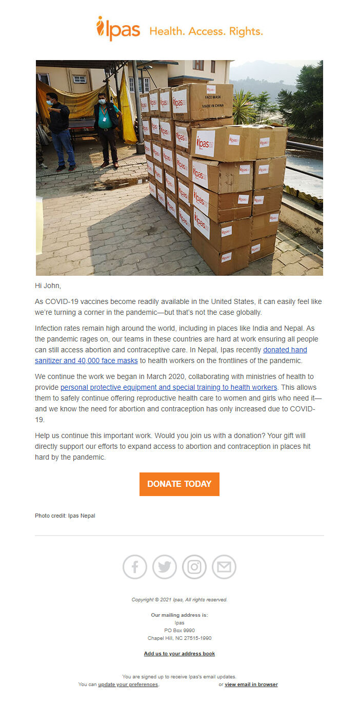 Screenshot of the email generated on import