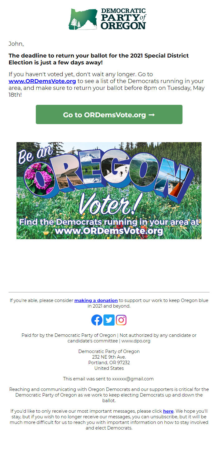 Screenshot of the email generated on import