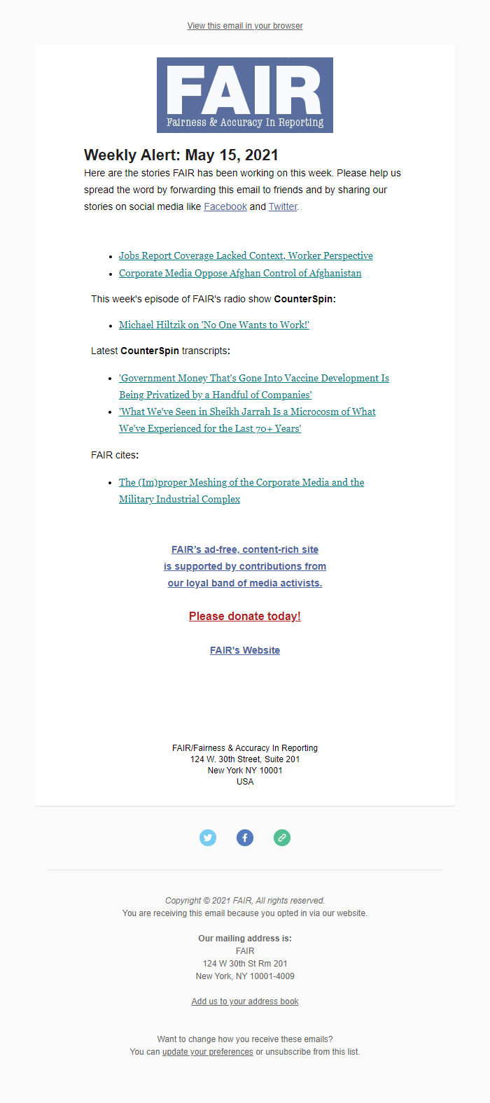 Screenshot of the email generated on import