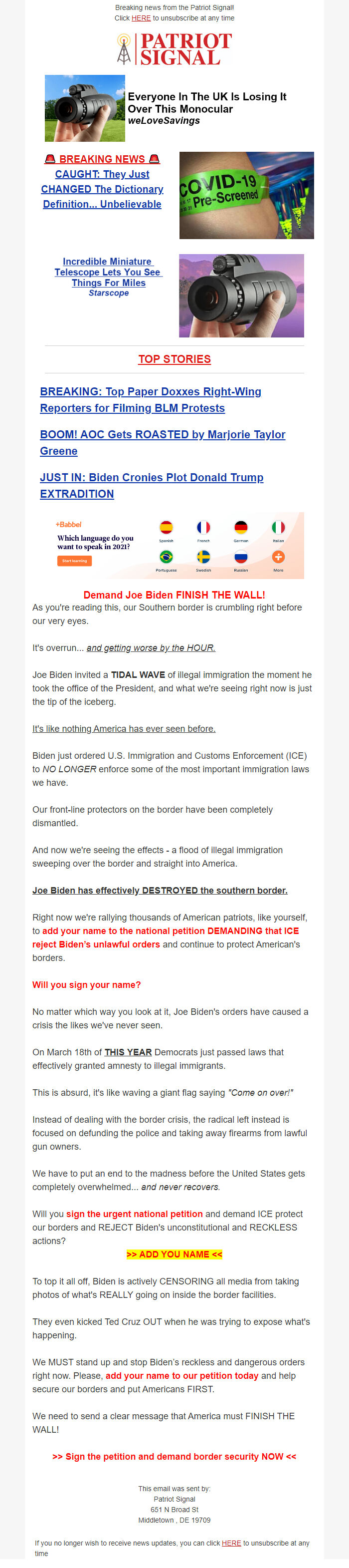 Screenshot of the email generated on import