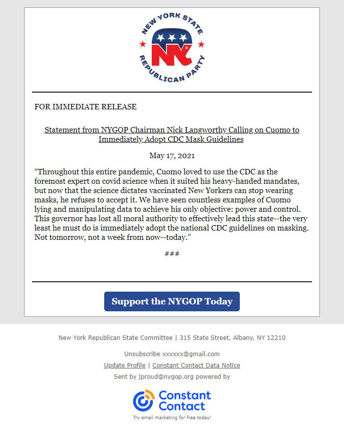Screenshot of the email generated on import