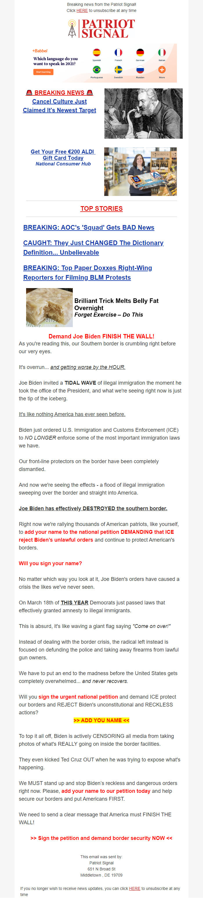 Screenshot of the email generated on import