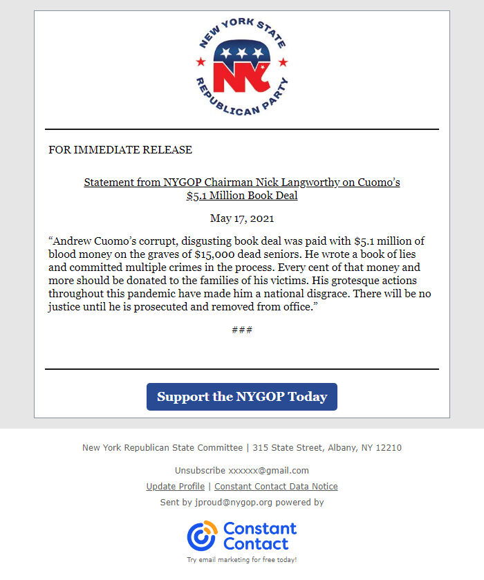 Screenshot of the email generated on import