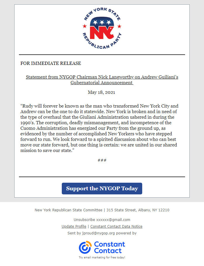 Screenshot of the email generated on import