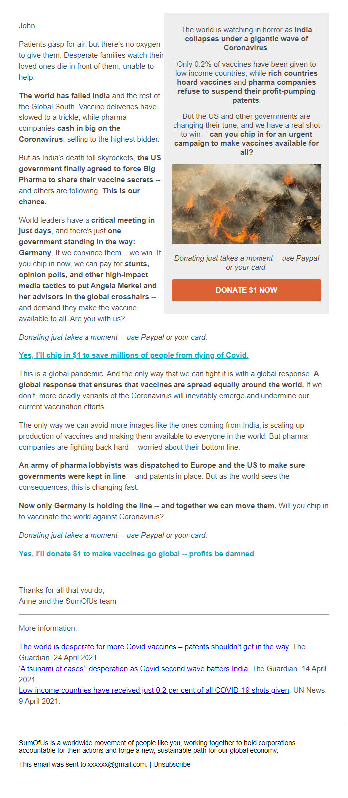 Screenshot of the email generated on import