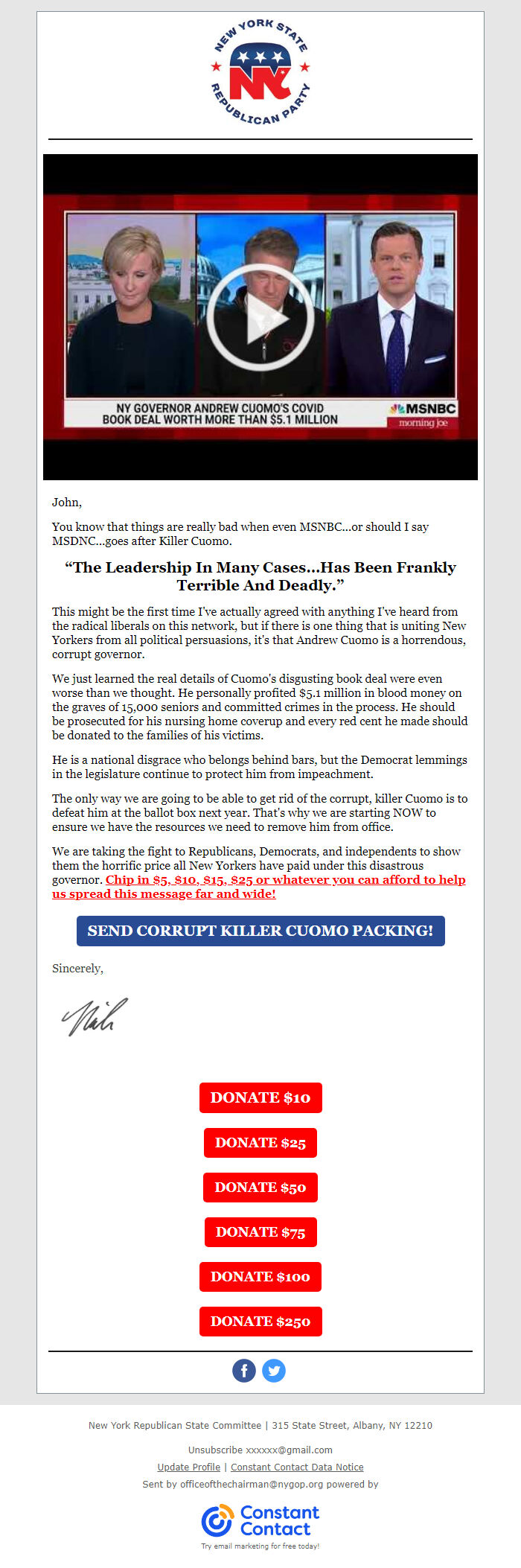 Screenshot of the email generated on import