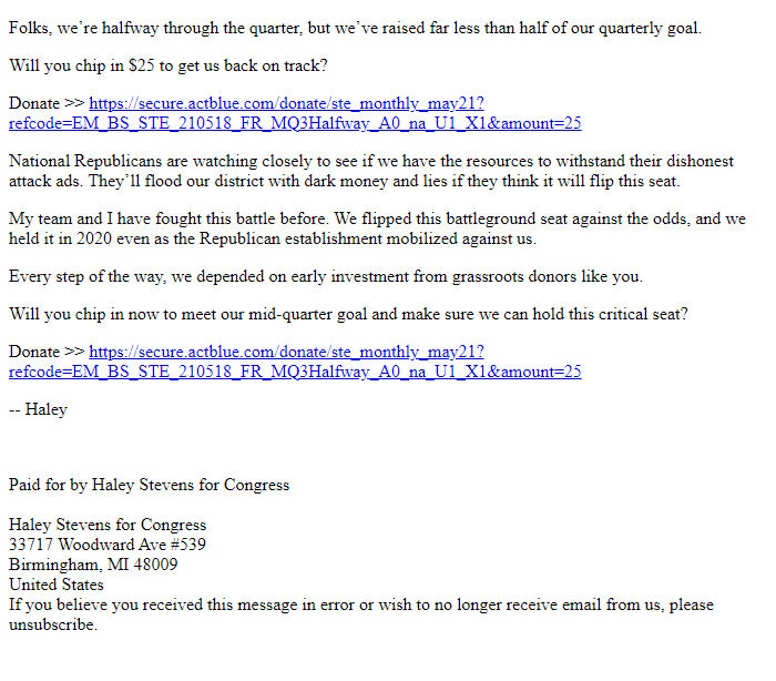 Screenshot of the email generated on import