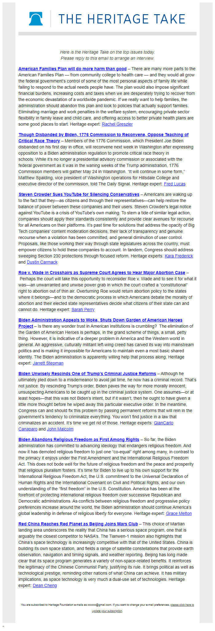 Screenshot of the email generated on import