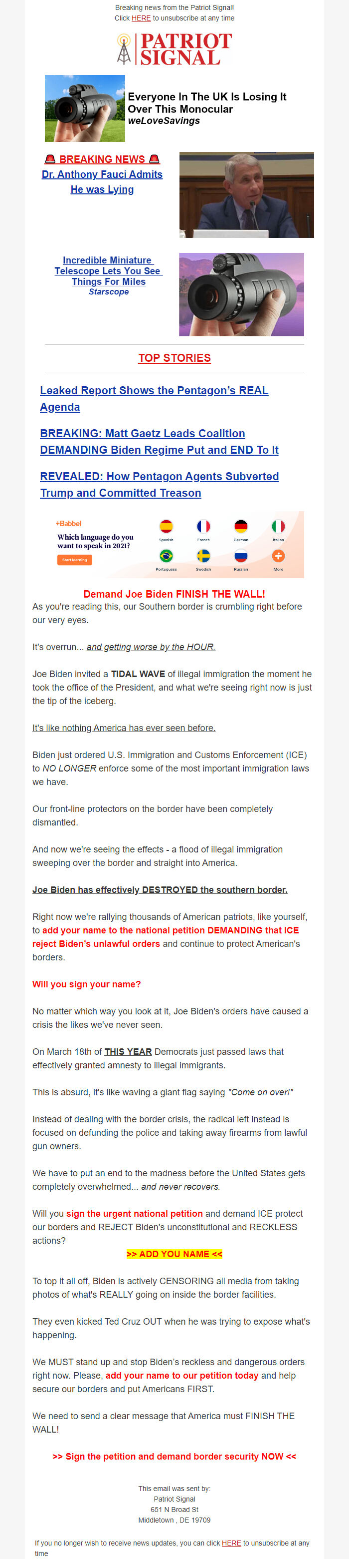 Screenshot of the email generated on import