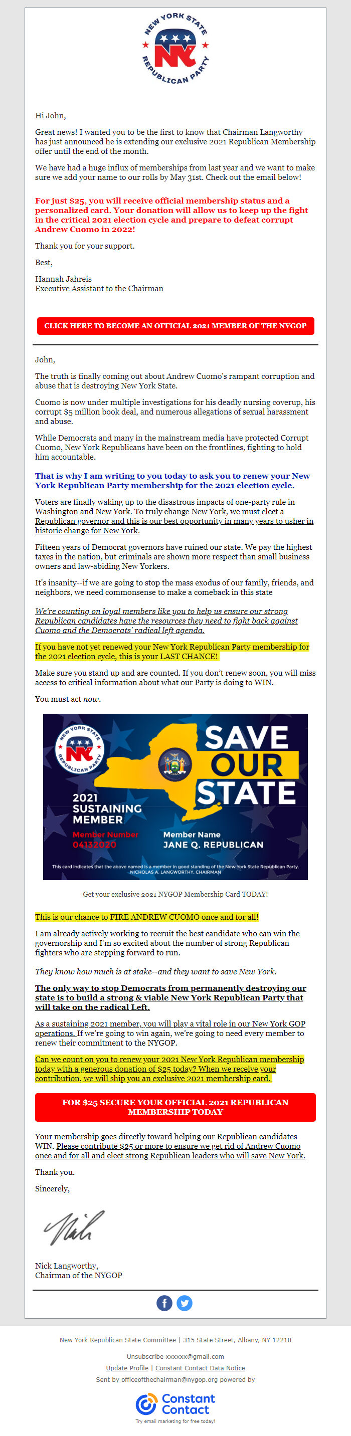 Screenshot of the email generated on import