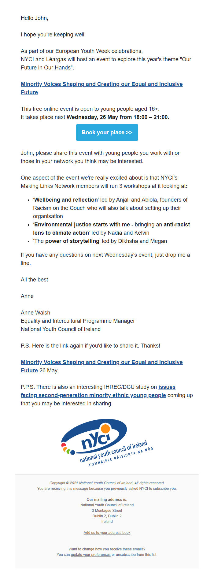 Screenshot of the email generated on import