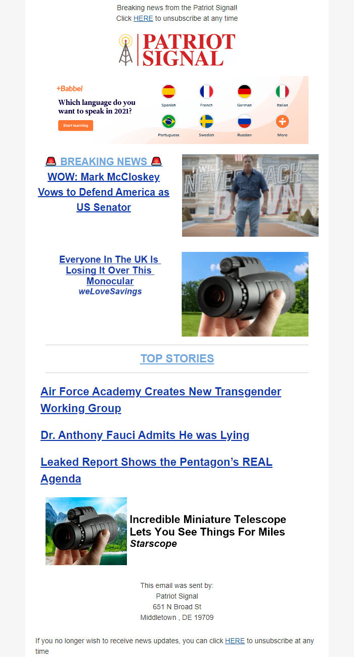 Screenshot of the email generated on import
