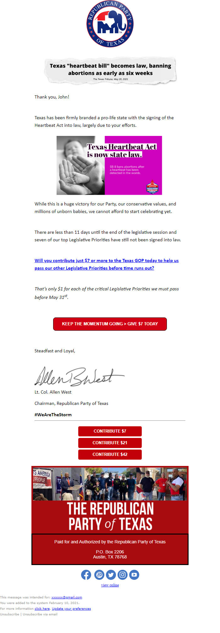 Screenshot of the email generated on import