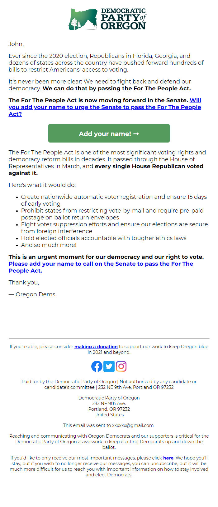 Screenshot of the email generated on import