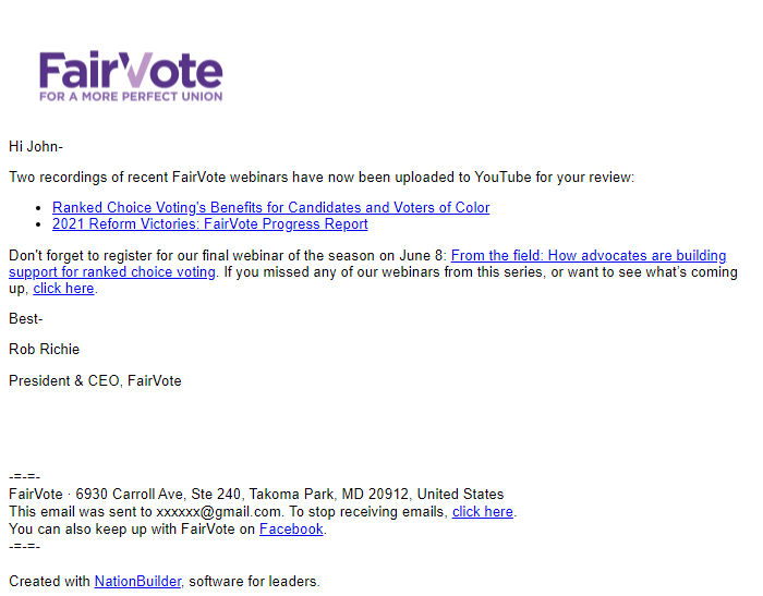 Screenshot of the email generated on import