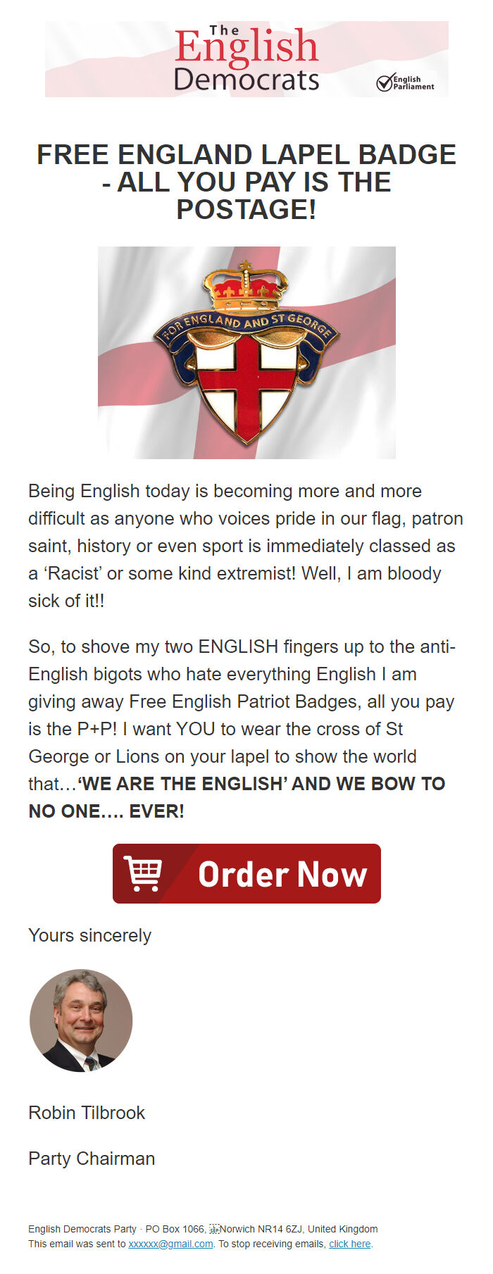 Screenshot of the email generated on import